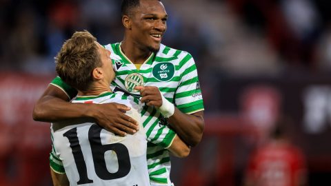 ENSCHEDE, NETHERLANDS - JULY 23: Kristoffer Zachariassen of Ferencvaros and Lenny Joseph of Ferencvaros celebrate their team's second goal during the UEFA Europa League 2026/27 second qualifying round first leg match between FC Twente and Ferencvaros at FC Twente Stadium on July 23, 2026 in Enschede, Netherlands. (Photo by Rene Nijhuis/MB Media/Getty Images)