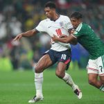 Jude Bellingham (England) and Luis Romo (Mexico) during Round of 16 FIFA World Cup 2026, Mexico and England, Azteca Stadium, Mexico, Mexico on July 05 2026. (Photo by Ulrik Pedersen/NurPhoto)