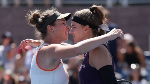NEW YORK, NEW YORK - AUGUST 30: Karolina Muchova of Czechia embraces Linda Noskova of Czechia following their Women Singles Third Round match on Day Seven of the 2025 US Open at USTA Billie Jean King National Tennis Center on August 30, 2025 in the Flushing neighborhood of the Queens borough of New York City. Matthew Stockman/Getty Images/AFP