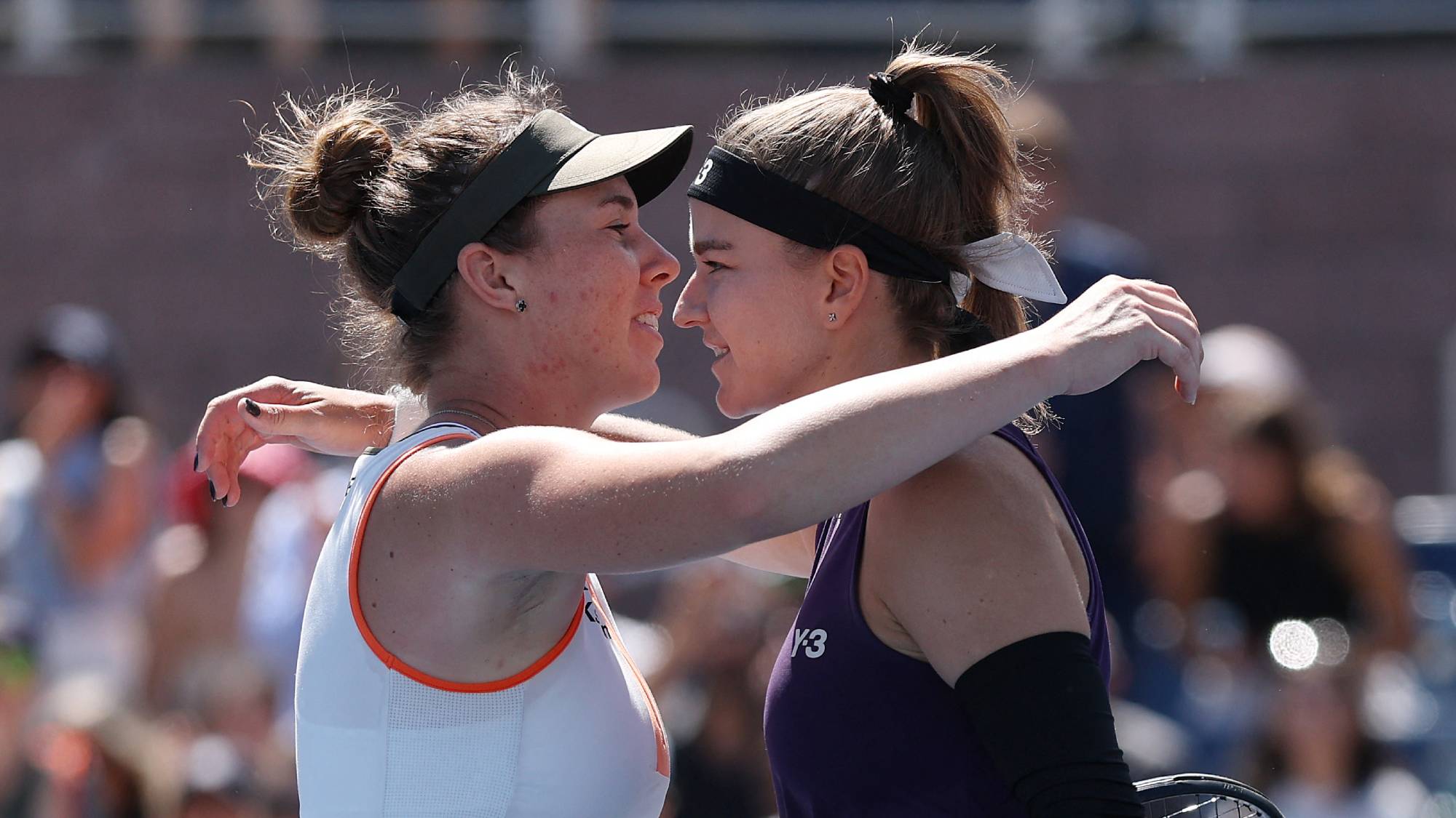 NEW YORK, NEW YORK - AUGUST 30: Karolina Muchova of Czechia embraces Linda Noskova of Czechia following their Women Singles Third Round match on Day Seven of the 2025 US Open at USTA Billie Jean King National Tennis Center on August 30, 2025 in the Flushing neighborhood of the Queens borough of New York City. Matthew Stockman/Getty Images/AFP