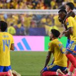 KANSAS CITY, MISSOURI - JULY 03: Gustavo Puerta #14 of Colombia and teammates celebrate after the 1-0 win during the FIFA World Cup 2026 Round of 32 match between Colombia and Ghana at Kansas City Stadium on July 03, 2026 in Kansas City, Missouri. David Ramos/Getty Images/AFP