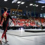 Egy versenyző a légtorna Európa-bajnokságon a Budaörs Városi Sportcsarnokban 2026. július 1-jén.
