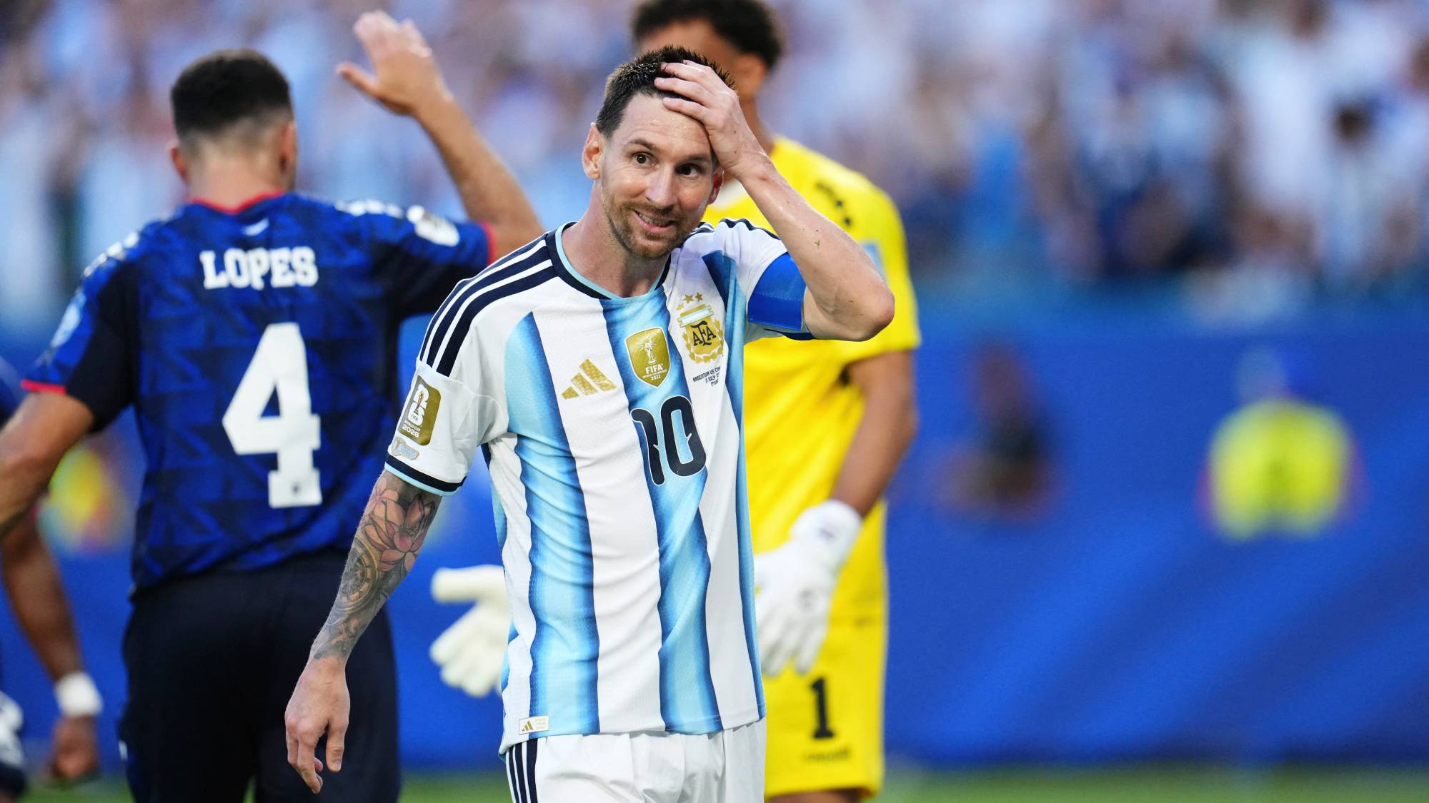 Lionel Messi of Argentina reacts during the FIFA World Cup 2026 Round Of 32 match between Argentina and Cabo Verde at Miami Stadium on July 3, 2026 in Miami Gardens, United States. (Photo by Jose Breton/Pics Action/NurPhoto)