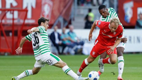ENSCHEDE, NETHERLANDS - JULY 23: (L-R) Gabi Kanichowsky of Ferencvarosi TC, Thomas van den Belt of FC Twente, Lenny Joseph of Ferencvarosi TC during the UEFA Europa League match between FC Twente v Ferencvaros at the De Grolsch Veste on July 23, 2026 in Enschede Netherlands (Photo by Jeroen van den Berg/Soccrates/Getty Images)