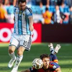 Argentina's forward #10 Lionel Messi fouls Spain's defender #22 Pau Cubarsi during the 2026 World Cup football tournament final match between Spain and Argentina at the New York/New Jersey Stadium in East Rutherford on July 19, 2026.