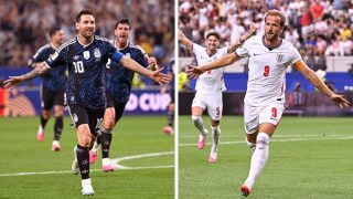 This combination of file photos created on July 12, 2026, shows Argentina's forward #10 Lionel Messi in Arlington on June 27, 2026 (L),ja and England's forward #09 Harry Kane in Arlington on June 17, 2026. England and Argentina will meet in a 2026 World Cup semi-final football match at the Atlanta Stadium in Atlanta on July 15, 2026.