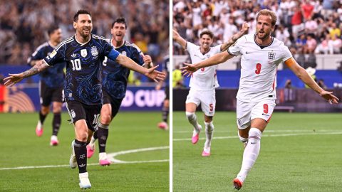 This combination of file photos created on July 12, 2026, shows Argentina's forward #10 Lionel Messi in Arlington on June 27, 2026 (L),ja and England's forward #09 Harry Kane in Arlington on June 17, 2026. England and Argentina will meet in a 2026 World Cup semi-final football match at the Atlanta Stadium in Atlanta on July 15, 2026.