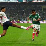 Jesus Gallardo (Mexico) and Jarell Quansah (England) during Round of 16 FIFA World Cup 2026, Mexico and England, Azteca Stadium, Mexico, Mexico on July 05 2026. (Photo by Ulrik Pedersen/NurPhoto)