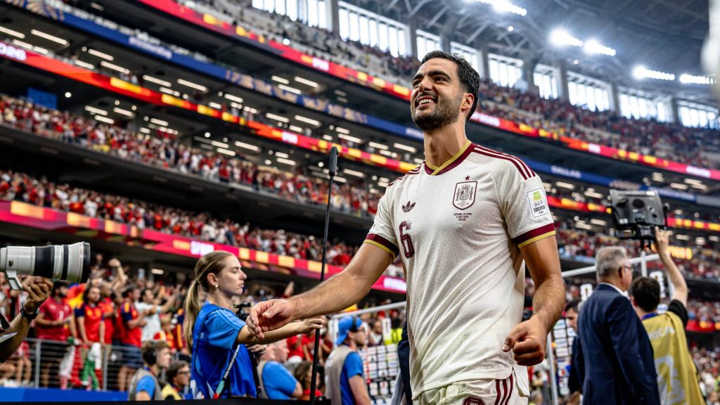Mikel Merino of Spain scores the only goal during the 2026 World Cup match between Portugal and Spain at Dallas Stadium in Dallas, United States, on July 6, 2026. (Photo by Stefan Koops/EYE4IMAGES/NurPhoto)