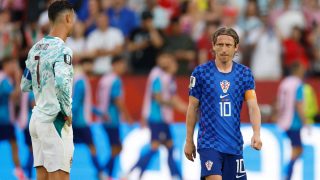 Croatia's midfielder #10 Luka Modric reacts next to Portugal's forward #07 Cristiano Ronaldo during the 2026 World Cup round of 32 football match between Portugal and Croatia at the Toronto Stadium in Toronto on July 2, 2026.