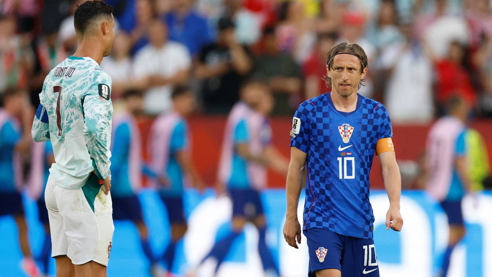 Croatia's midfielder #10 Luka Modric reacts next to Portugal's forward #07 Cristiano Ronaldo during the 2026 World Cup round of 32 football match between Portugal and Croatia at the Toronto Stadium in Toronto on July 2, 2026.