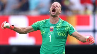 EAST RUTHERFORD, NEW JERSEY - JULY 05: Orjan Nyland #1 of Norway celebrates the 2nd Norway goal during the FIFA World Cup 2026 Round Of 16 match between Brazil and Norway at New York New Jersey Stadium on July 05, 2026 in East Rutherford, New Jersey. Justin Setterfield/Getty Images/AFP