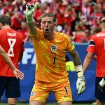 England's goalkeeper #01 Jordan Pickford reacts during the 2026 World Cup football tournament quarter-final match between Norway and England at Miami Stadium in Miami on July 11, 2026.