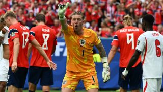 England's goalkeeper #01 Jordan Pickford reacts during the 2026 World Cup football tournament quarter-final match between Norway and England at Miami Stadium in Miami on July 11, 2026.