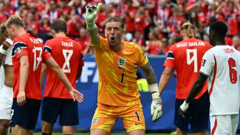 England's goalkeeper #01 Jordan Pickford reacts during the 2026 World Cup football tournament quarter-final match between Norway and England at Miami Stadium in Miami on July 11, 2026.