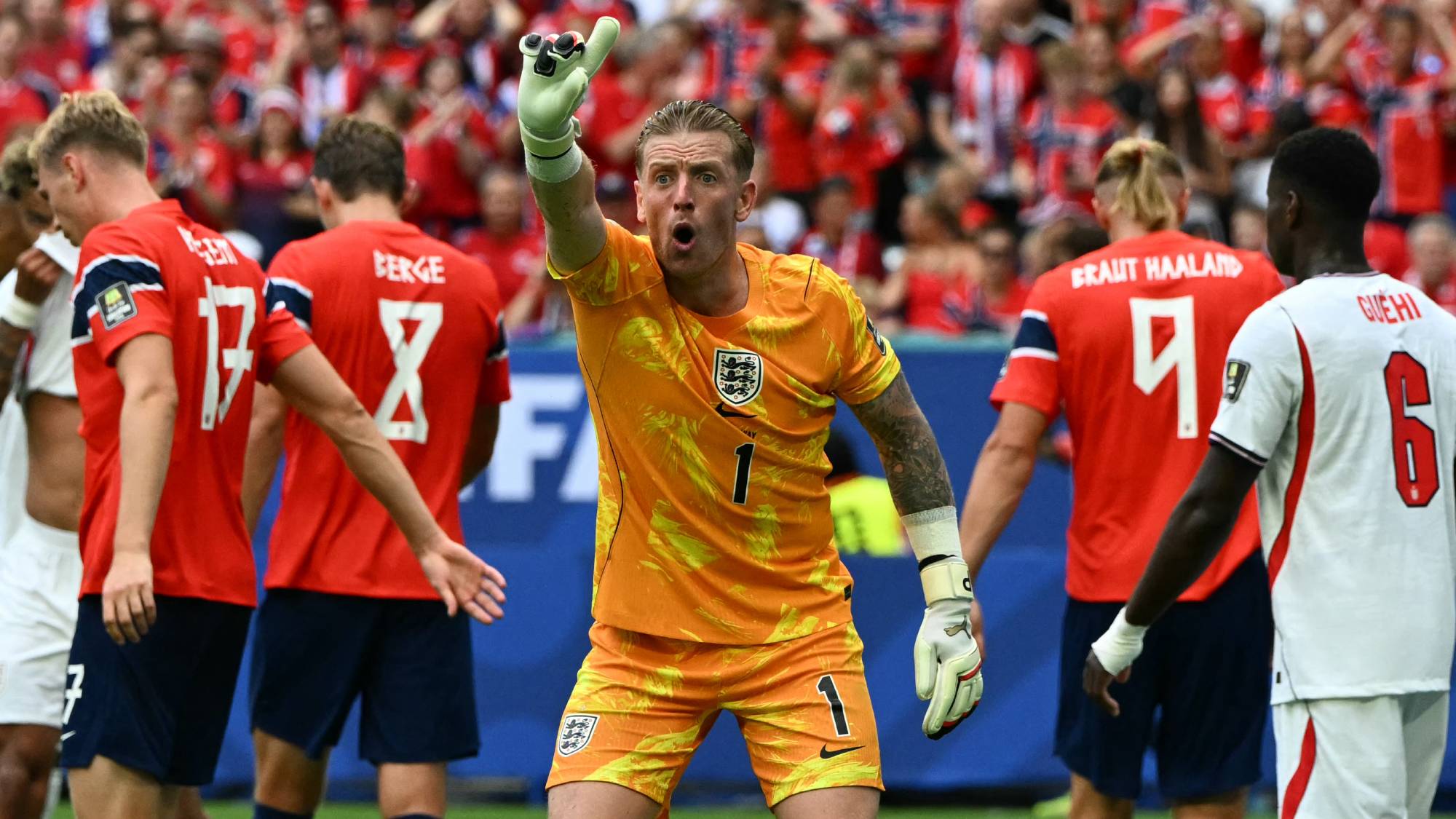 England's goalkeeper #01 Jordan Pickford reacts during the 2026 World Cup football tournament quarter-final match between Norway and England at Miami Stadium in Miami on July 11, 2026.