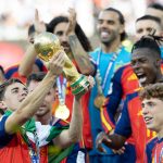 Spain’s #9 midfielder Gavi, looks on the FIFA World Cup Trophy, during FIFA World Cup 2026, Spain vs Argentina, Final, match 104 at the New York/New Jersey Stadium in East Rutherford on July 19, 2026.
