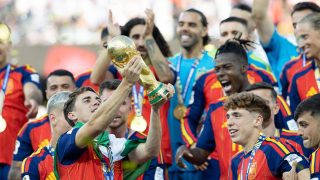 Spain’s #9 midfielder Gavi, looks on the FIFA World Cup Trophy, during FIFA World Cup 2026, Spain vs Argentina, Final, match 104 at the New York/New Jersey Stadium in East Rutherford on July 19, 2026.