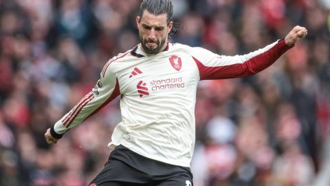 Dominik Szoboszlai of Liverpool in action during the Premier League match between Manchester United and Liverpool at Old Trafford, Manchester, United Kingdom, on May 3, 2026. (Photo by Mark Cosgrove/News Images/NurPhoto)