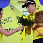 Norwegian Torstein Traeen of Uno-X Mobility celebrates on the podium in the yellow jersey of leader in the overall ranking after stage 4 of the 2026 Tour de France cycling race, a stage of 181,9km from Carcassonne to Foix, on Tuesday 07 July 2026. The 113th edition of the Tour de France starts on Saturday 4 July in Barcelona, Spain, and will finish in Paris, France on the 26th of July. BELGA PHOTO DAVID PINTENS