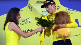 Norwegian Torstein Traeen of Uno-X Mobility celebrates on the podium in the yellow jersey of leader in the overall ranking after stage 4 of the 2026 Tour de France cycling race, a stage of 181,9km from Carcassonne to Foix, on Tuesday 07 July 2026. The 113th edition of the Tour de France starts on Saturday 4 July in Barcelona, Spain, and will finish in Paris, France on the 26th of July. BELGA PHOTO DAVID PINTENS