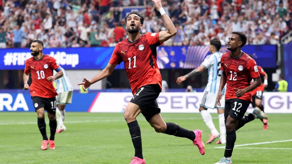 ATLANTA, GEORGIA - JULY 07: Mostafa Zico #11 of Egypt celebrates scoring his team's second goal during the FIFA World Cup 2026 Round of 16 match between Argentina and Egypt at Atlanta Stadium on July 07, 2026 in Atlanta, Georgia. Buda Mendes/Getty Images/AFP