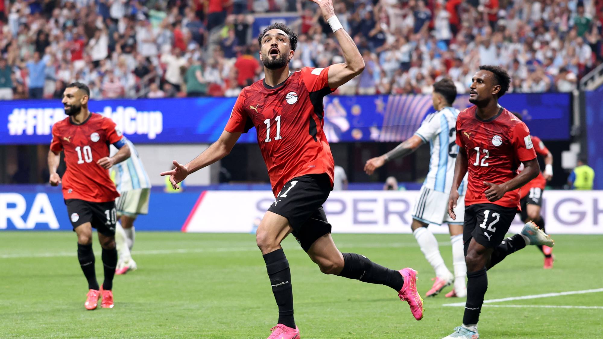 ATLANTA, GEORGIA - JULY 07: Mostafa Zico #11 of Egypt celebrates scoring his team's second goal during the FIFA World Cup 2026 Round of 16 match between Argentina and Egypt at Atlanta Stadium on July 07, 2026 in Atlanta, Georgia. Buda Mendes/Getty Images/AFP