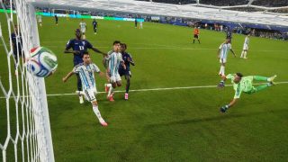 MIAMI GARDENS, FLORIDA - JULY 03: (EDITOR'S NOTE: Image was captured using a remote camera inside of the goal.) Emiliano Martinez #23 of Argentina concedes a second goal to Sidny Lopes Cabral #13 of Cabo Verde during the FIFA World Cup 2026 Round of 32 match between Argentina and Cabo Verde at Miami Stadium on July 03, 2026 in Miami Gardens, Florida. Robert Cianflone/Getty Images/AFP