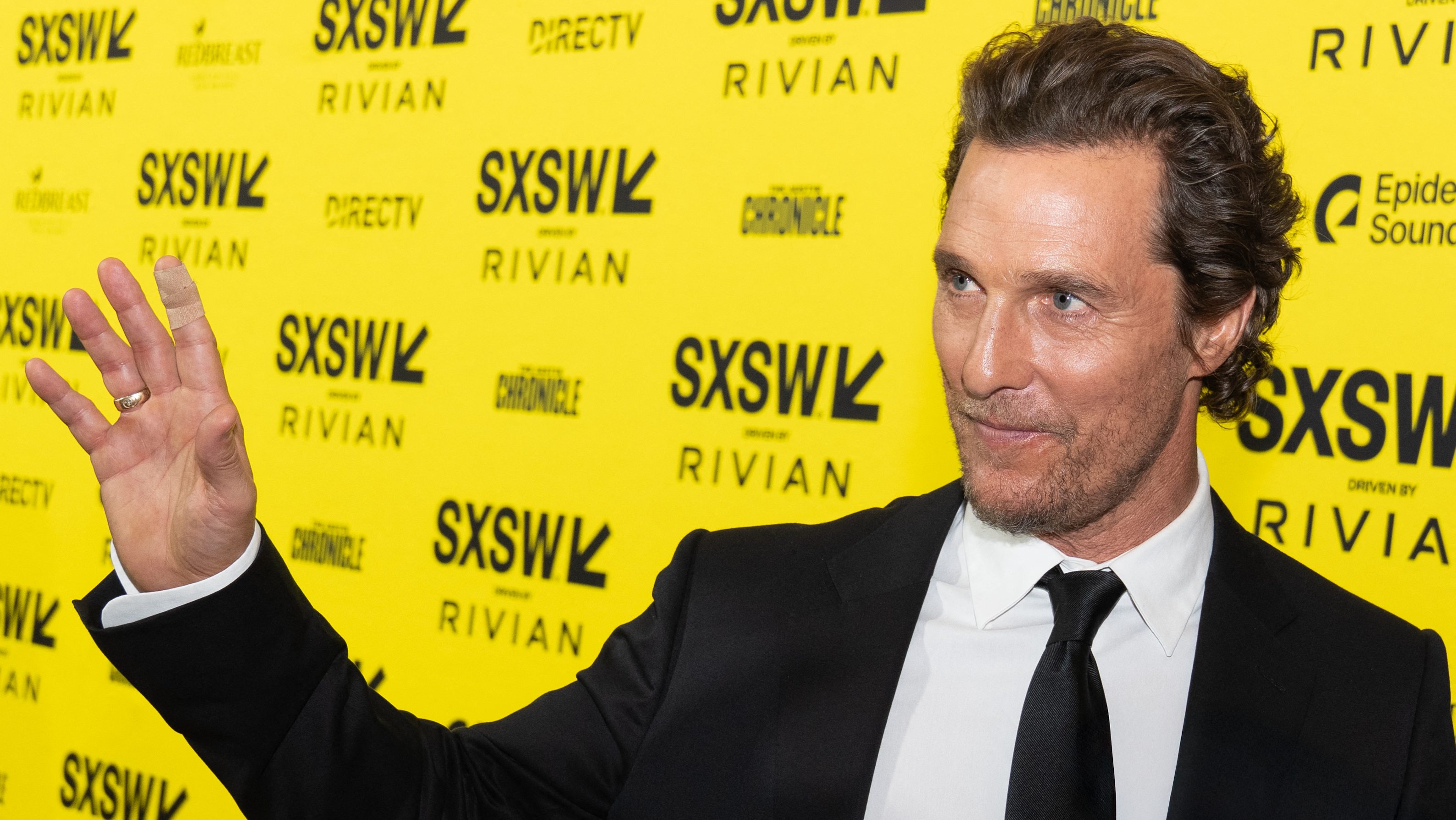(FILES) US actor Matthew McConaughey attends the "The Rivals of Amziah King" world premiere during the 2025 SXSW Conference and Festival at Paramount Theatre in Austin, Texas on March 10, 2025. McConaughey had plenty of reasons to select "The Rivals of Amziah King," a honey-themed thriller set in the American Southwest, for his return to the big screen after more than five years away. "The joy, the soul, the humor, the music, the poetry, the mythology, original time, place and space," the Oscar-winning actor told AFP on August 11, 2026 when asked why he had chosen the indie film for his comeback. (Photo by SUZANNE CORDEIRO / AFP)