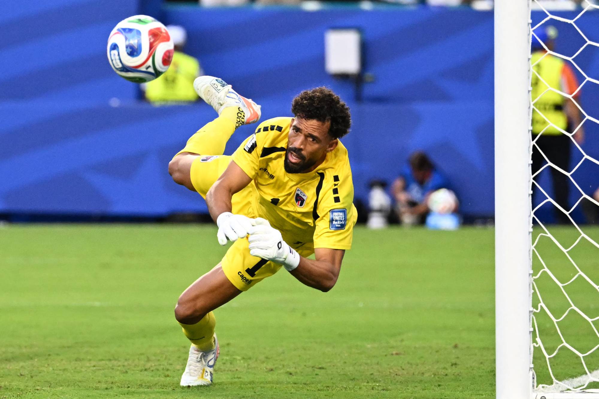 Cape Verde's goalkeeper #01 Vozinha eyes the ball as he dives during the 2026 World Cup round of 32 football match between Argentina and Cape Verde at the Miami Stadium in Miami Gardens on July 3, 2026. Vozinha, the 40-year-old goalkeeper who was one of the heroes of Cape Verde's fairytale run at the World Cup, is signing for Colo Colo, the Chilean club announced on July 24, 2026.