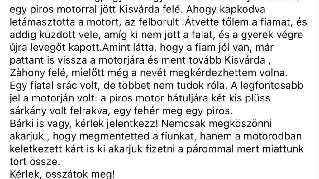 Fiatal motoros mentette meg a kisfiút a 4-es főúton
