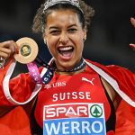 Gold medallist Switzerland's Audrey Werro reacts after winning the women's 800m final and breaking the championship record during the European Athletics Championships at Alexander Stadium in Birmingham on August 14, 2026.