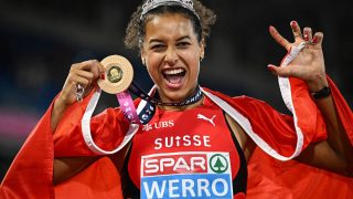 Gold medallist Switzerland's Audrey Werro reacts after winning the women's 800m final and breaking the championship record during the European Athletics Championships at Alexander Stadium in Birmingham on August 14, 2026.
