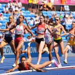 Audrey Werro of Switzerland (centre left) falls during the Women's 800m Semifinal 1 on day four of the 2026 European Athletics Championship at Perry Barr's Alexander Stadium, Birmingham. Picture date: Thursday August 13, 2026. (Photo by Martin Rickett/PA Images via Getty Images)