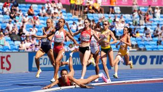 Audrey Werro of Switzerland (centre left) falls during the Women's 800m Semifinal 1 on day four of the 2026 European Athletics Championship at Perry Barr's Alexander Stadium, Birmingham. Picture date: Thursday August 13, 2026. (Photo by Martin Rickett/PA Images via Getty Images)