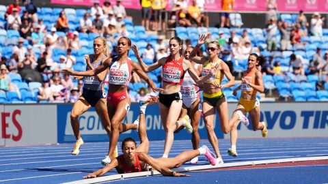 Audrey Werro of Switzerland (centre left) falls during the Women's 800m Semifinal 1 on day four of the 2026 European Athletics Championship at Perry Barr's Alexander Stadium, Birmingham. Picture date: Thursday August 13, 2026. (Photo by Martin Rickett/PA Images via Getty Images)