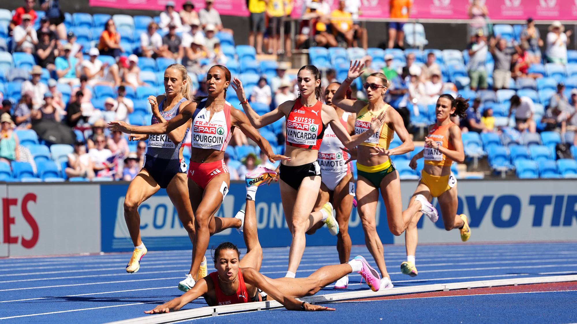 Audrey Werro of Switzerland (centre left) falls during the Women's 800m Semifinal 1 on day four of the 2026 European Athletics Championship at Perry Barr's Alexander Stadium, Birmingham. Picture date: Thursday August 13, 2026. (Photo by Martin Rickett/PA Images via Getty Images)