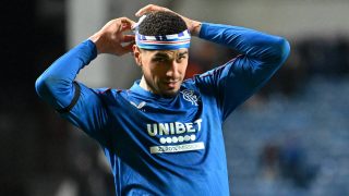 Rangers' German-born Nigerian defender #27 Leon Aderemi Balogun celebrates following the UEFA Europa League second-leg round of 16 football match between Rangers and Fenerbahce SK at the Ibrox Stadium in Glasgow on March 13, 2025.
