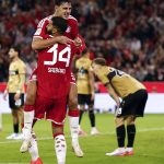 Bayern Munich's German midfielder #45 Aleksandar Pavlovic celebrates scoring his team's fourth goal with Bayern Munich's Moroccan midfielder #34 Ismael Saibari during the German first division Bundesliga football match between FC Bayern Munich and VfB Stuttgart in Munich, southern Germany, on August 28, 2026.