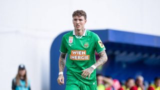 Bendeguz Bolla, player number 77 of SK Rapid, is in action during the UEFA Conference League second qualifying round match between FC Santa Coloma and SK Rapid at Estadi Nacional in Andorra la Vella, Andorra, on July 23, 2026. (Photo by Walter Cunha/NurPhoto)