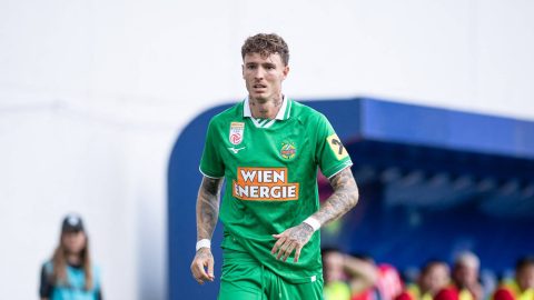 Bendeguz Bolla, player number 77 of SK Rapid, is in action during the UEFA Conference League second qualifying round match between FC Santa Coloma and SK Rapid at Estadi Nacional in Andorra la Vella, Andorra, on July 23, 2026. (Photo by Walter Cunha/NurPhoto)