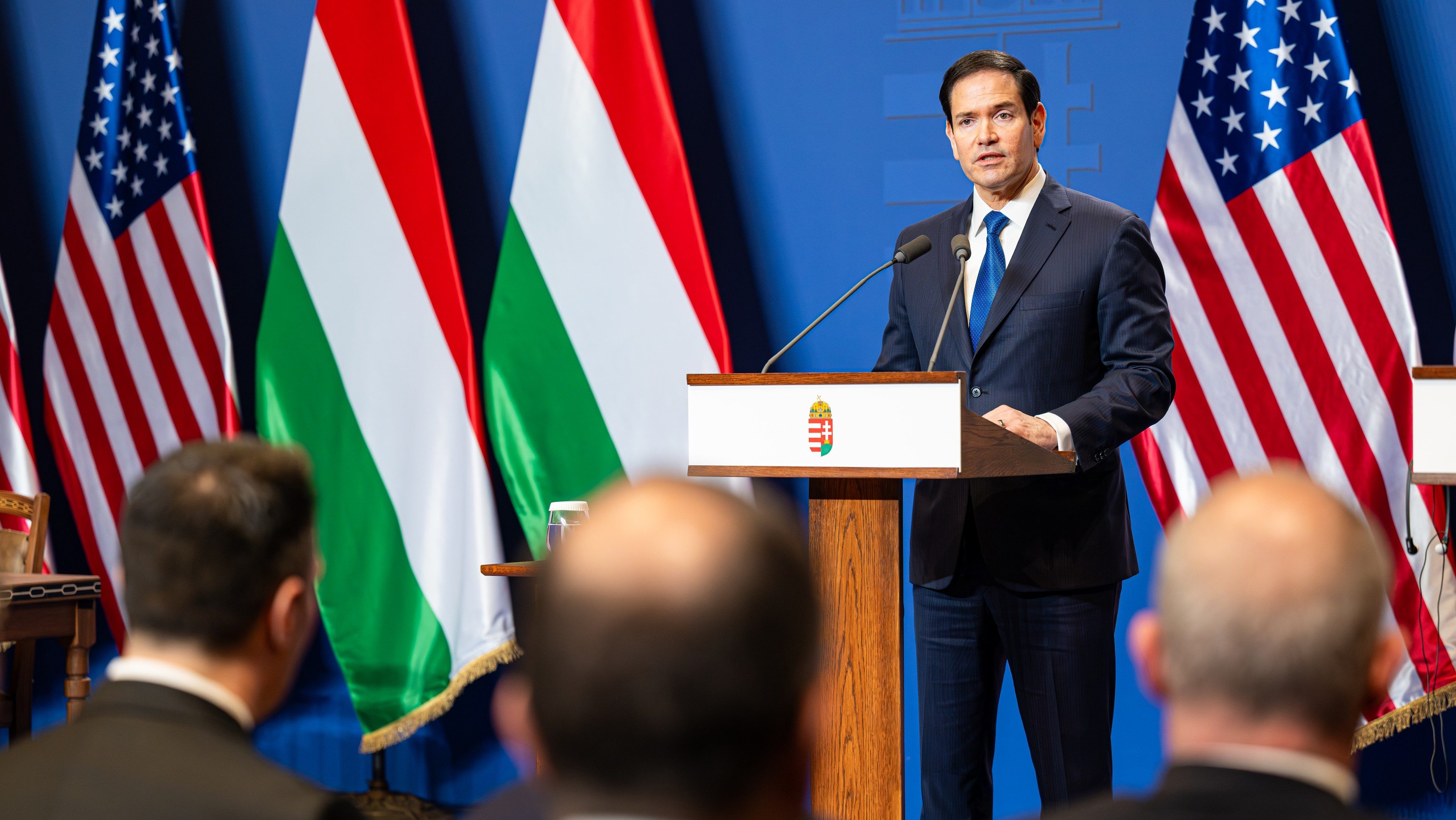 Magyar-amerikai külügy sajtótájékoztató 2026. február 16-án a Karmelita Kolostorban, ahol a magyar miniszterelnök fogadta az amerikai külügyminisztert.