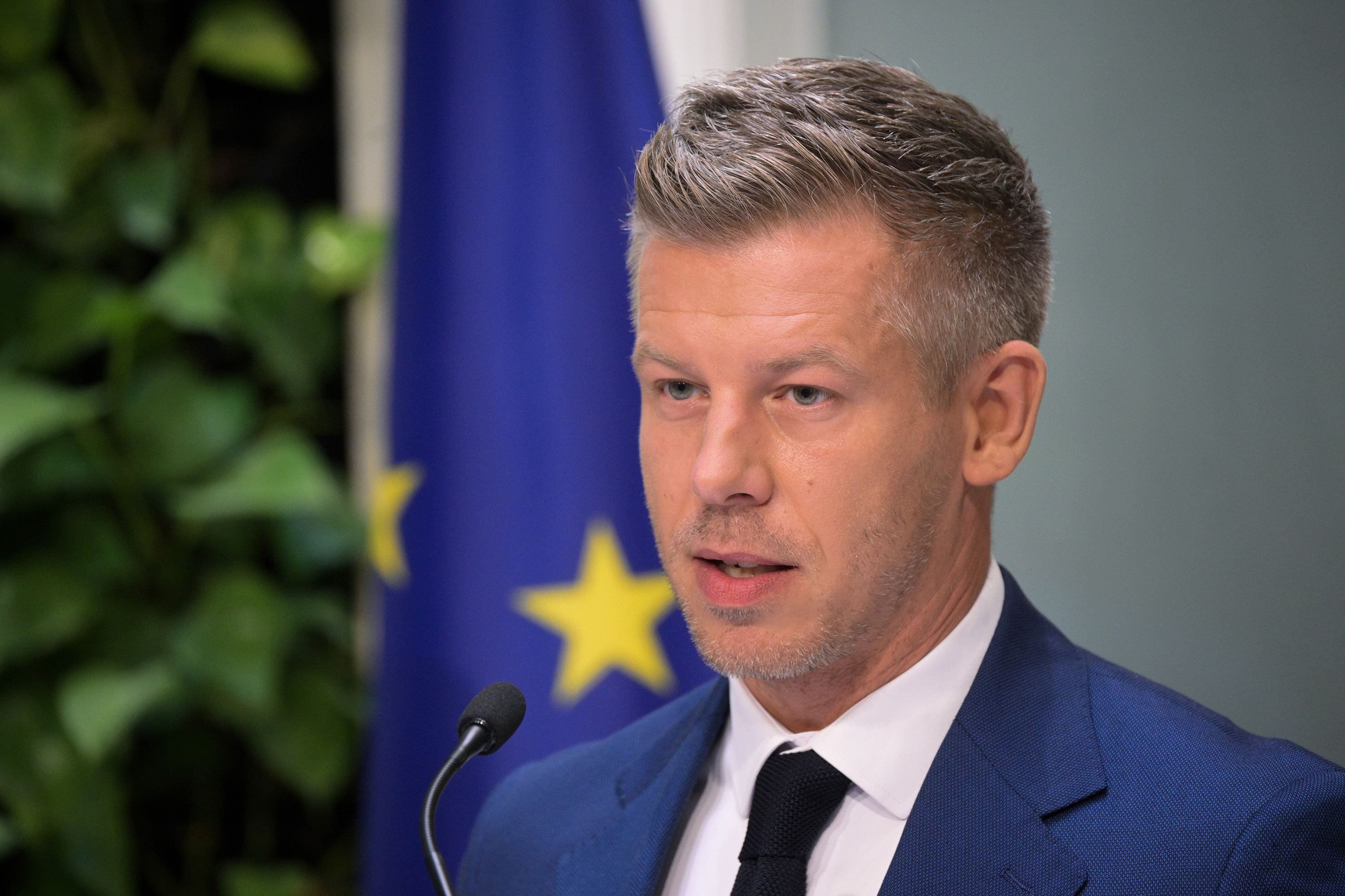 Magyar Péter miniszterelnök a Miniszterelnökségen tartott kormányszóvivői tájékoztatón 2026. augusztus 13-án.