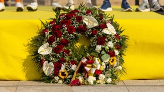 Flowers are placed in memory of Finlay Tarling of Great Britain and the NSN Cycling Team during the 9th stage from Paredes to Mondim de Basto/Sra da Graca of the Volta a Portugal 2026 in Fafe, Portugal, on August 15, 2026. (Photo by Miguel Lemos/NurPhoto)
