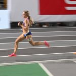 Britain's Keely Hodgkinson (L) and Switzerland's Audrey Werro compete in the semi-finals of the women's 800 metres during The European Indoor Athletics Championships at The Atakoy Athletics Arena in Istanbul on March 4, 2023.