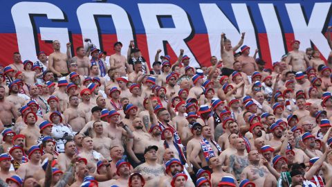 Gornik Zabrze fans after the Polish Cup Final Gornik Zabrze - Rakow Czestochowa at National Stadium in Warsaw, Poland on May 2, 2026. (Photo by Jakub Porzycki/NurPhoto)