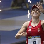 A negyedik helyezett Guzi Blanka a célban a budapesti öttusa világkupadöntő kombinált versenyszámában a BOK Csarnokban 2026. június 28-án.