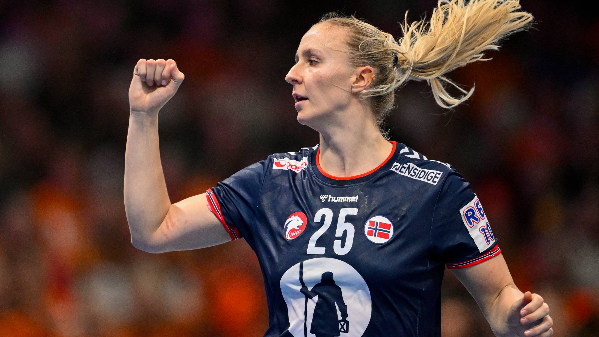 Norway's centre back #25 Henny Ella Reistad celebrates after scoring during the IHF Women's Handball World Championship final match between Germany and Norway at the Rotterdam Ahoy Arena, in Rotterdam on December 14, 2025.