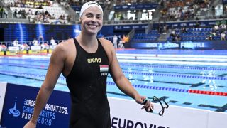 Jackl Vivien a női 400 méteres vegyesúszás előfutama után a párizsi vizes Európa-bajnokságon az olimpiai vizesközpontban 2026. augusztus 12-én.