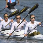 Kiskó Réka, Szegedi Angelina, Decsi Dorina és Mészáros Anna (j-b) a kajak-kenu világbajnokság női kajak négyes 500 méteres számának középfutamában Poznanban 2026. augusztus 27-én.